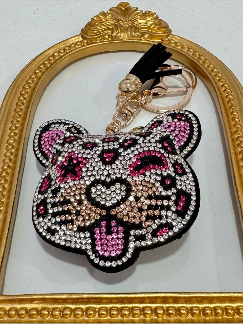 New White Crystal Leopard Face Keychain